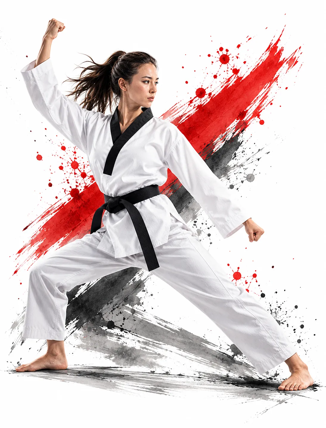 Illustration: Taekwondo-Sportlerin in weißem Dobok mit schwarzem Gürtel in tiefer Kampfstellung